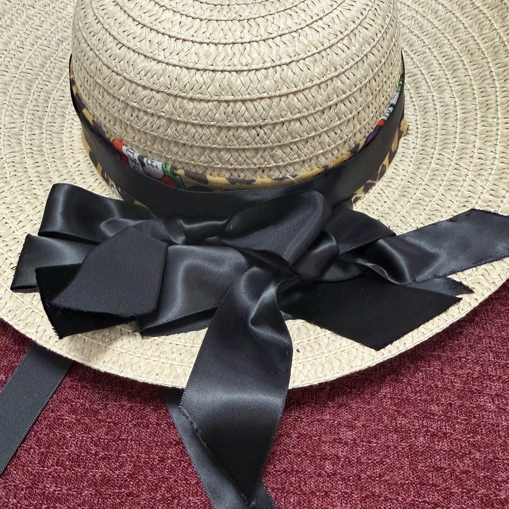 Ed Hardy Straw Boater Hat Black Satin Bow Y2K McBling Derby Beach Summer EUC
